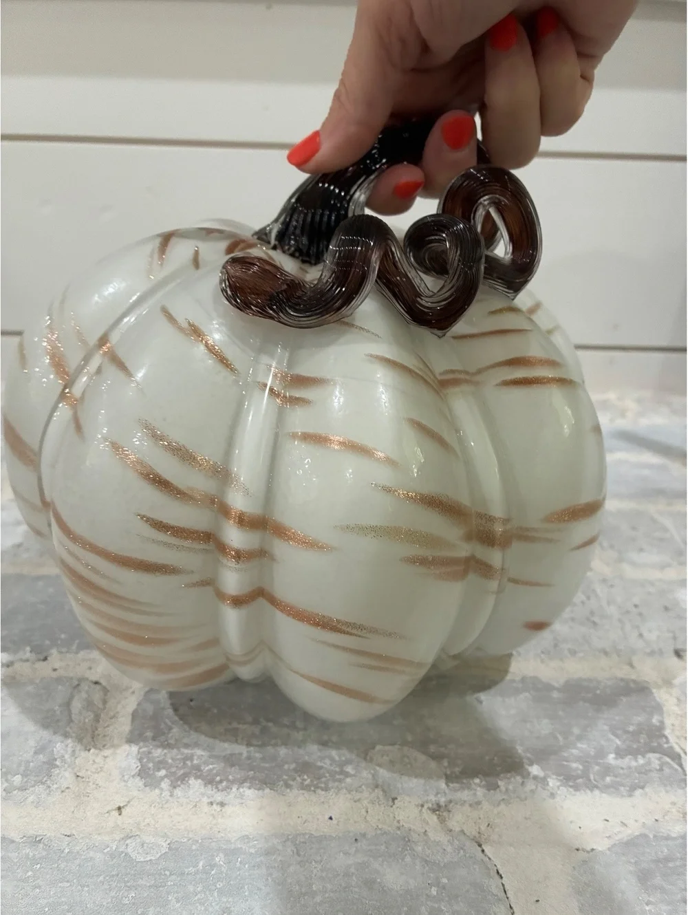 Decorative White and Copper Glass Pumpkin with Curled Brown Stem